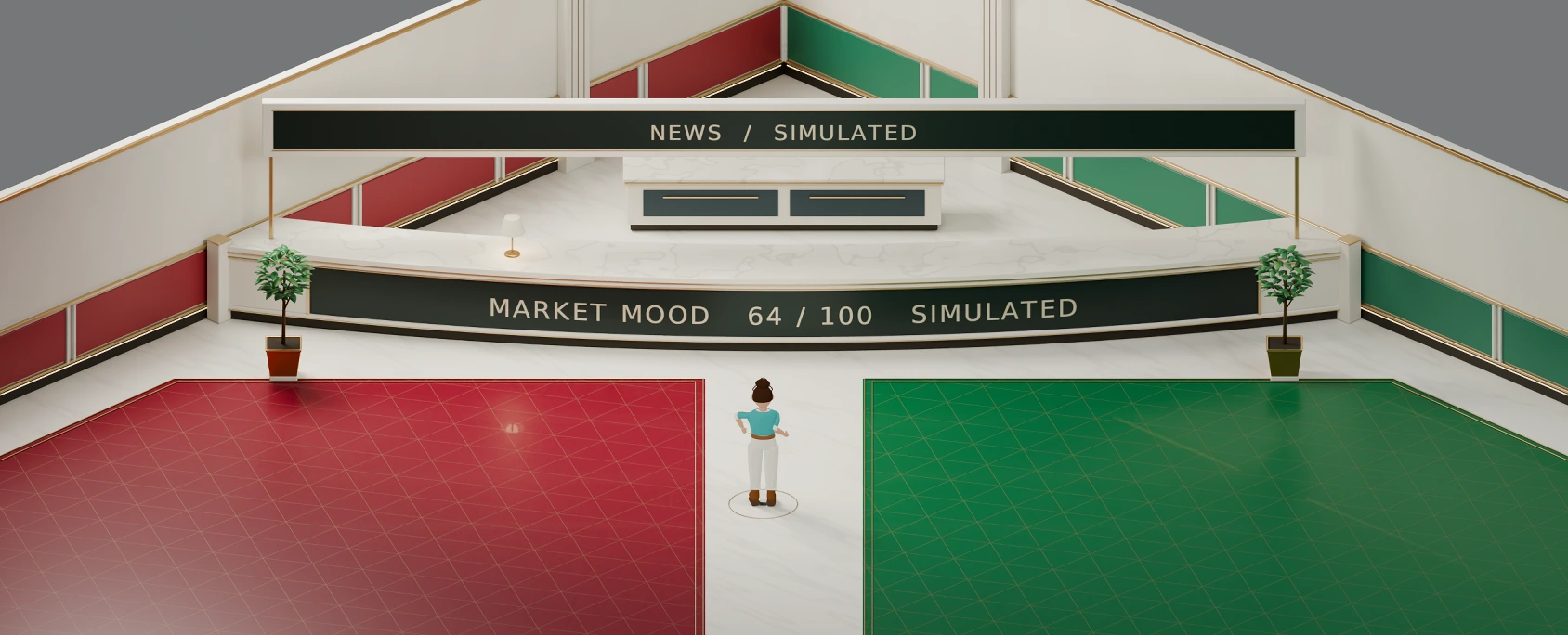 Hall with curved ivory and brass counter, one Nova character, burgundy and emerald floor zones and simulated display values.